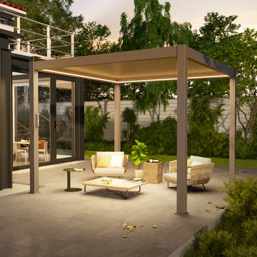 SONKUKI Modern Aluminum Pergola with LED Lighting and Hand Crank Louvers for Patio and Garden, Brown