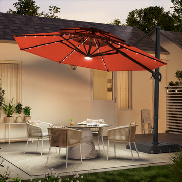SONKUKI 11Ft LED Patio Hanging Double Top Octagon Cantilever Umbrella with 360-degree Rotating Canopy