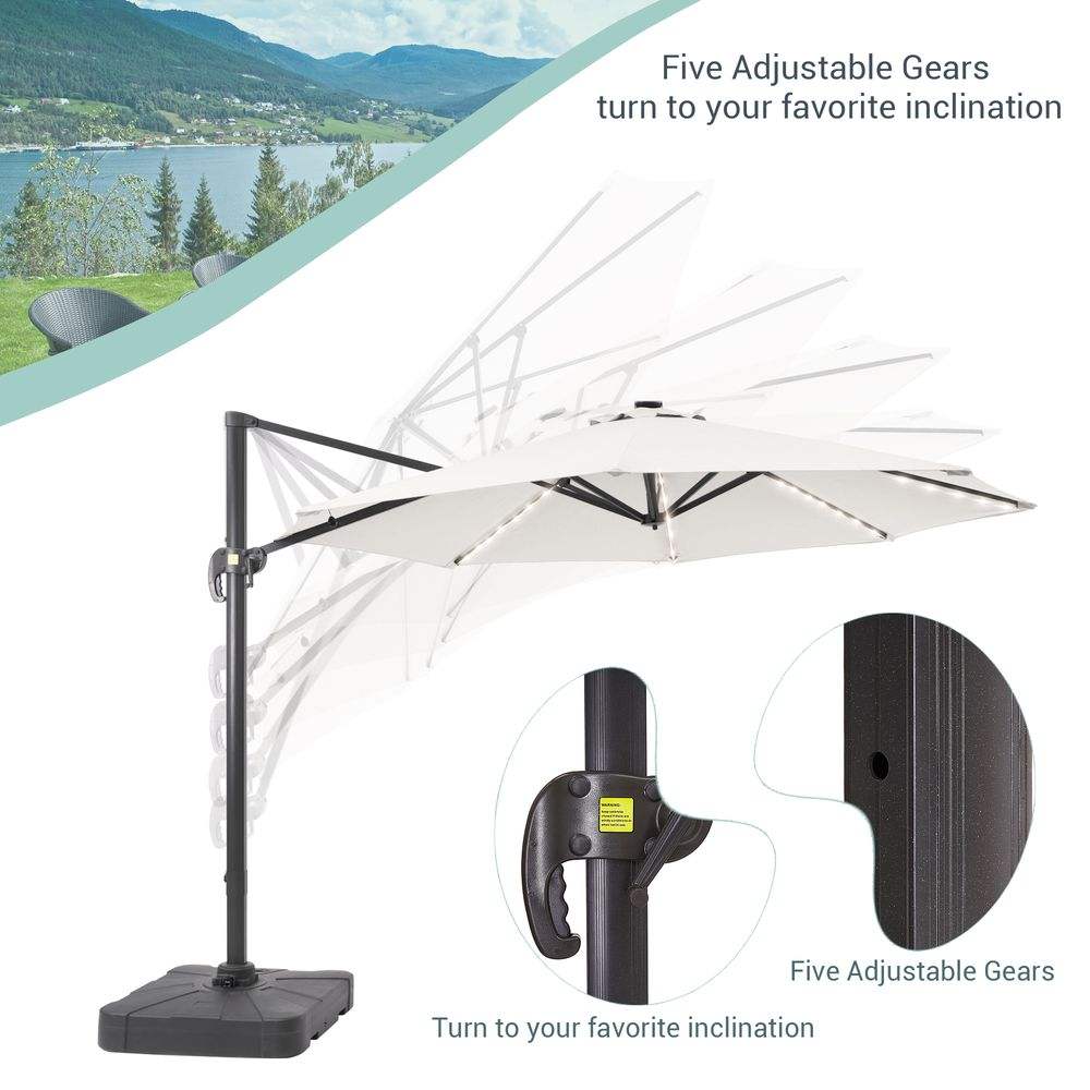 SONKUKI 11ft Cantilever LED Market Umbrella With a Base Solar Energy Hanging Patio With Aluminum Frame - Sonkuki