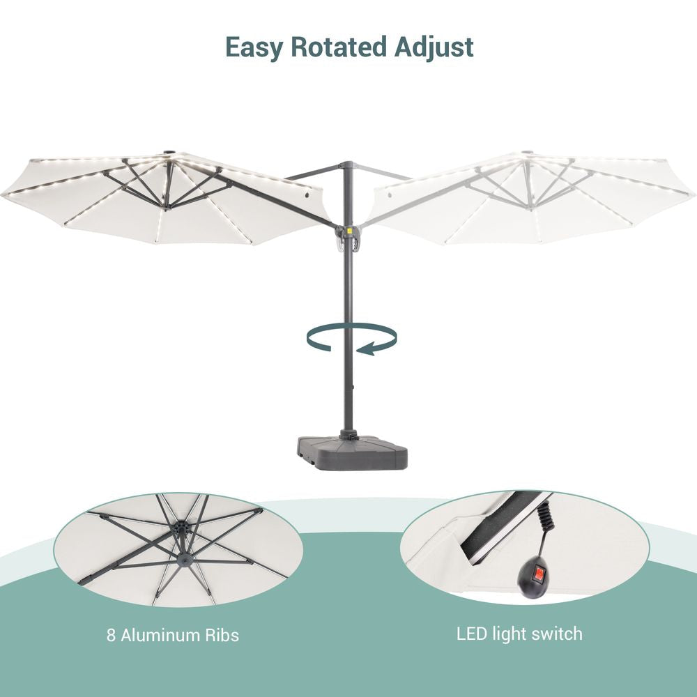 SONKUKI 11ft Cantilever LED Market Umbrella With a Base Solar Energy Hanging Patio With Aluminum Frame - Sonkuki