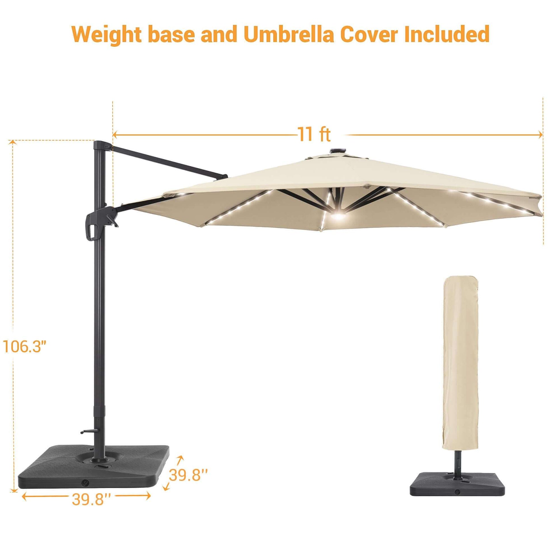 Patio Umbrella SONKUKI cantilever 11¡¯ Outdoor Round Solar LED