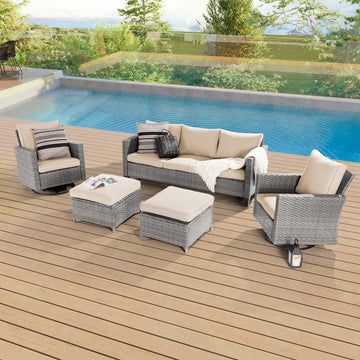 5-Piece Patio Sofa Set Gray Rattan Outdoor Furniture Set Swivel Rocking Sofa Suiting Backyard, Poolside and Patio - Sonkuki