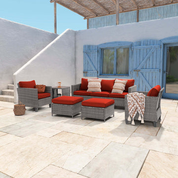 6-Piece Patio Sofa Set Gray Rattan Outdoor Furniture Set Three-Seat Sofa Ottomans Suiting Backyard, Poolside and Patio - Sonkuki