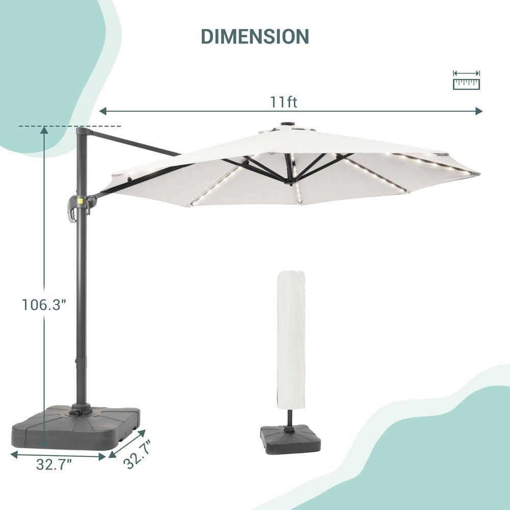 SONKUKI 11ft Cantilever LED Market Umbrella With a Base Solar Energy Hanging Patio With Aluminum Frame - Sonkuki