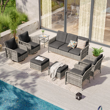 SONKUKI 8 Pieces Patio Conversation Sofa Set with Swivel Rocking Chairs , Brown PE Wicker, Curved Armrests High Back Sofa Chair Design for Lawn, Patio and Porch