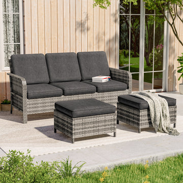 SONKUKI 3 Pieces Sofa with Ottoman Set, All-Weather PE Rattan Wicker Set Patio Conversation Couch with Cushion