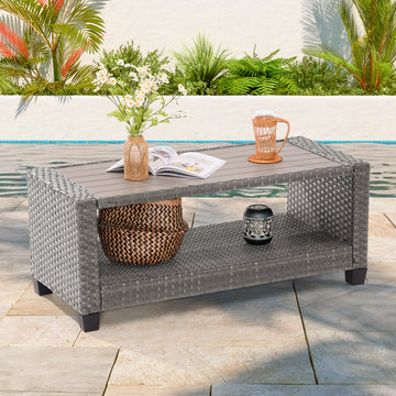 Sonkuki Patio HIPS Side Table,Rectangular Rattan Coffee Table