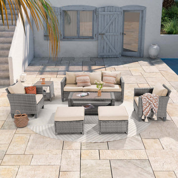 Patio Set 7-Piece Sofa Gray Rattan Outdoor Furniture Three-Seat