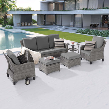Outdoor Furniture 6-Set Gray PE Wicker Wide Seat Conversation