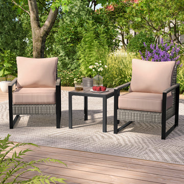 SONKUKI 3 Pieces Furniture Set with Side Table, All-Weather PE Rattan Wicker Chair Set Small Patio Conversation Couch with Cushion