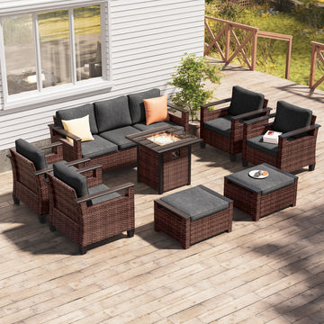 SONKUKI 8 Pieces Patio Sofa with 28'' Fire Table Set, Brown PE Wicker, Wide Armrests High Back Sofa Chair Design for Lawn, Patio and Porch