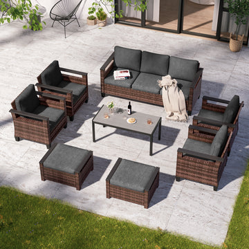 SONKUKI 8-Piece Patio Conversation Sofa with Coffee Table Set, Wide Armrests High Back Sofa Chair with Ottoman Design for Lawn, Patio and Porch
