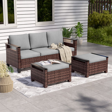 SONKUKI 3 Pieces Patio Sofa with Ottomans, Brown PE Wicker, Wide Armrests High Back Sofa Chair Design for Lawn, Patio and Porch