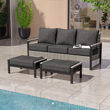 SONKUKI 3 Pieces Patio Sofa with Ottomans, All-Weather PE Rattan Wicker Sofa Small Patio Conversation Couch with Cushion