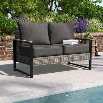 SONKUKI Patio Loveseat Sofa Outdoor Wicker Couch, 2-Seater Furniture with High Back and Removable Cushions