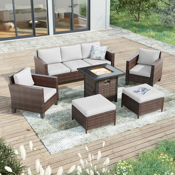 SONKUKI 6 Pieces Patio Sofa with 28'' Fire Table Set, PE Wicker, Wide Armrests High Back Sofa Swivel Rocking Chairs, Design for Lawn, Patio and Porch