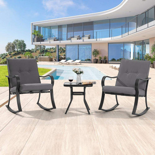 SONKUKI 3-Piece Rocking Bistro Set Steel Frame Patio Thickened Sponge Cushions& Glass Table Porch Rocking Chairs - Sonkuki
