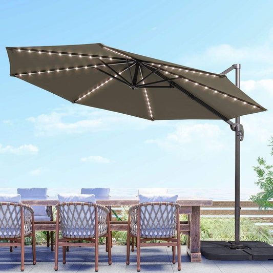 SONKUKI 10FT LED Cantilever Patio Outdoor Round Offset 360¡ã Rotation Hanging Solar Lights Umbrellas - Sonkuki