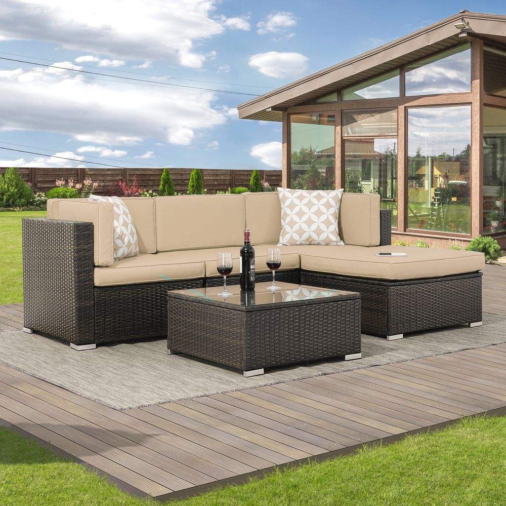 SONKUKI 5-Piece Outdoor Sectional Furniture Patio Conversation PE Rattan Wicker Sofa Set - Sonkuki