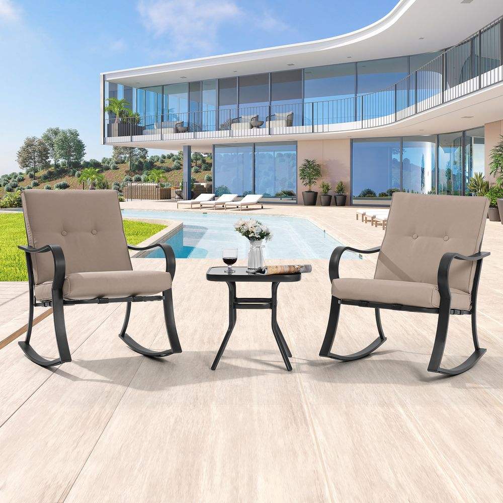 SONKUKI 3-Piece Rocking Bistro Set Steel Frame Patio Thickened Sponge Cushions& Glass Table Porch Rocking Chairs - Sonkuki
