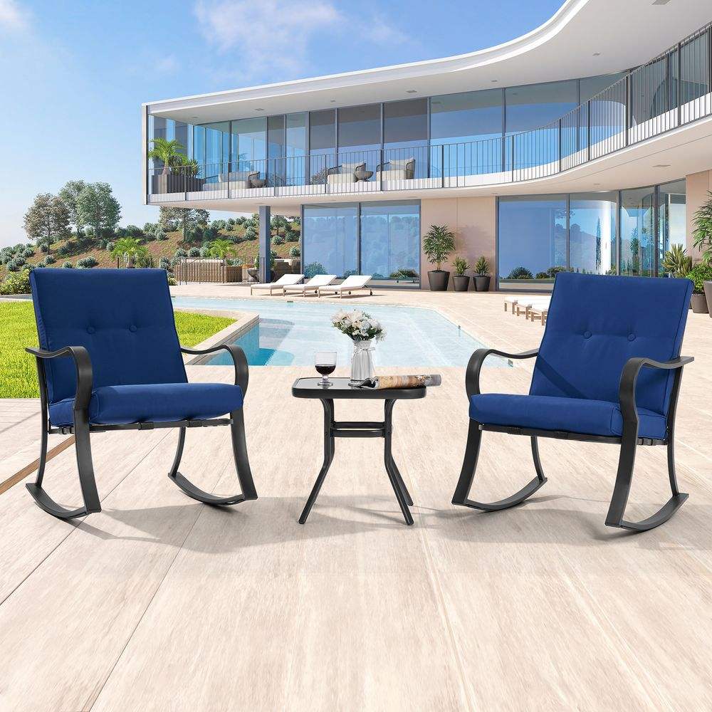SONKUKI 3-Piece Rocking Bistro Set Steel Frame Patio Thickened Sponge Cushions& Glass Table Porch Rocking Chairs - Sonkuki