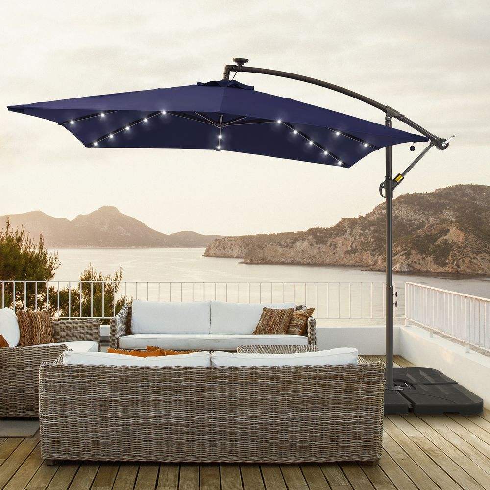 SONKUKI 8.2 x 8.2 Ft LED Square Offset Patio Outdoor Hanging Umbrellas With a Base/Stand - Sonkuki