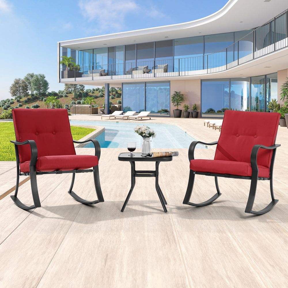 SONKUKI 3-Piece Rocking Bistro Set Steel Frame Patio Thickened Sponge Cushions& Glass Table Porch Rocking Chairs - Sonkuki