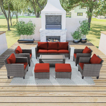 Patio Outdoor Furniture Set Gray Rattan Coversation Seating Set Thickening Cushions With 3-Seater, Ottomans for Lawn, Poolside.