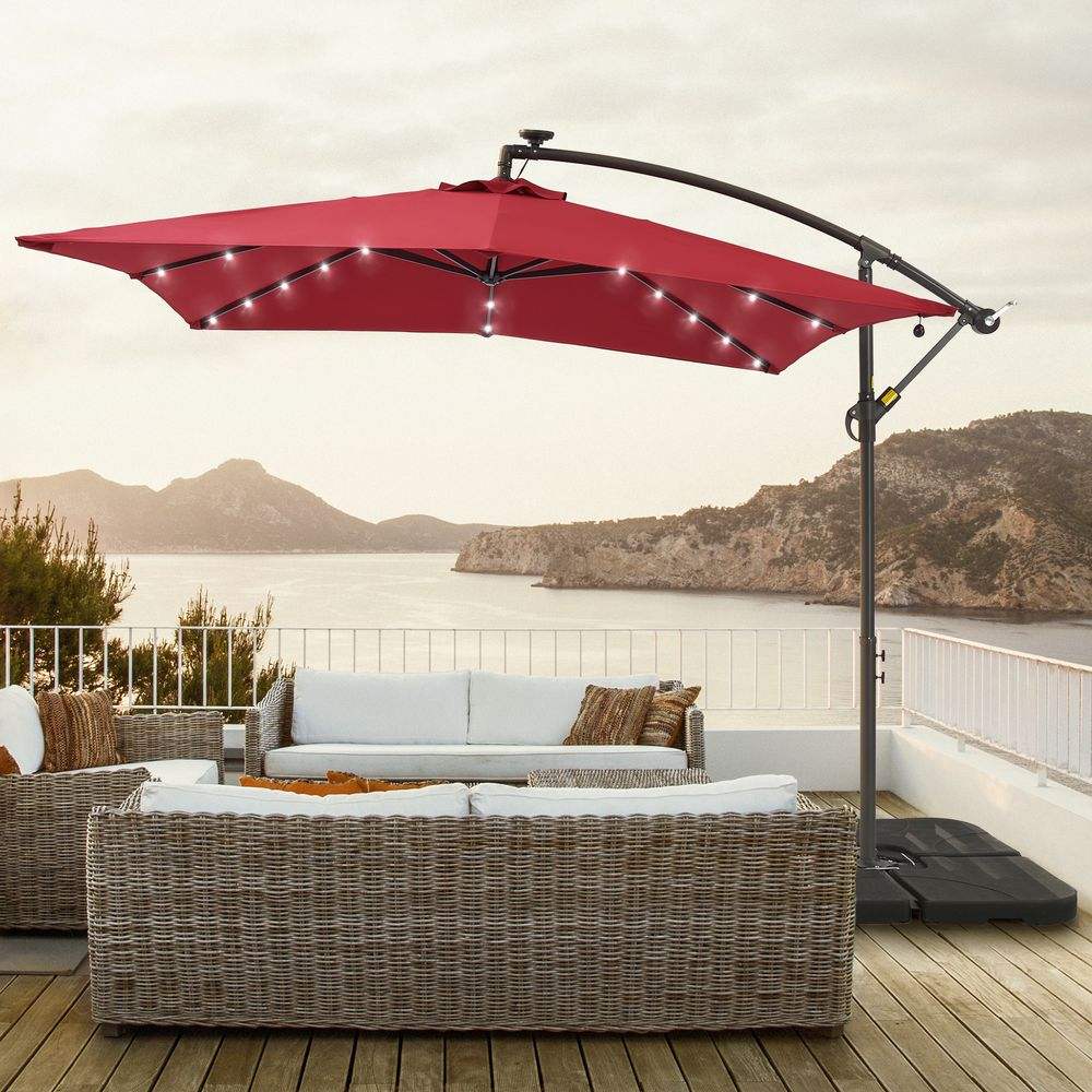 SONKUKI 8.2 x 8.2 Ft LED Square Offset Patio Outdoor Hanging Umbrellas With a Base/Stand - Sonkuki