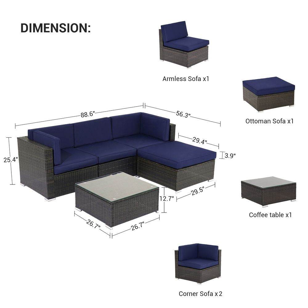 SONKUKI 5-Piece Outdoor Sectional Furniture Patio Conversation PE Rattan Wicker Sofa Set - Sonkuki