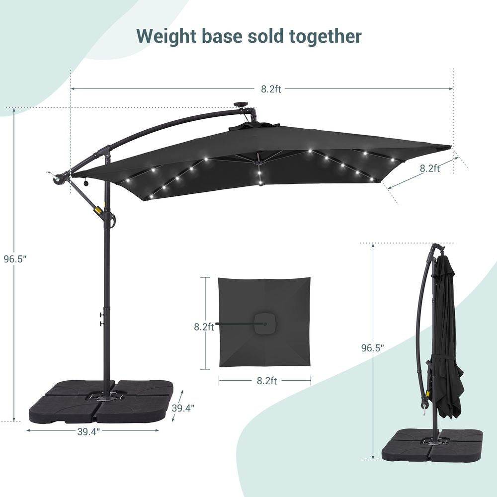 SONKUKI 8.2 x 8.2 Ft LED Square Offset Patio Outdoor Hanging Umbrellas With a Base/Stand - Sonkuki