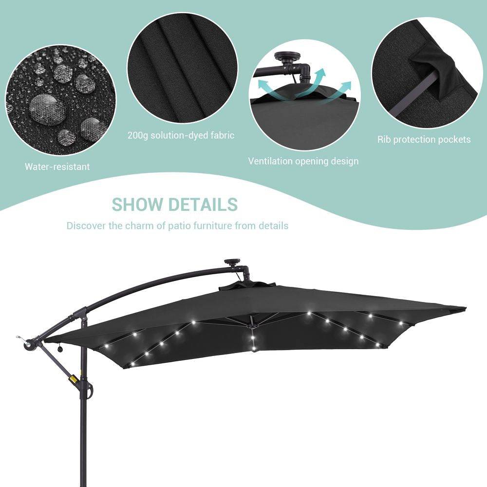 SONKUKI 8.2 x 8.2 Ft LED Square Offset Patio Outdoor Hanging Umbrellas With a Base/Stand - Sonkuki