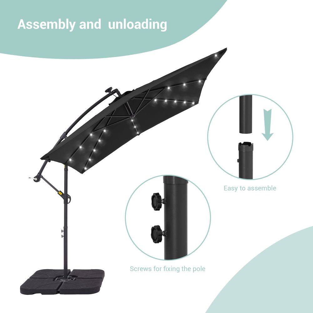 SONKUKI 8.2 x 8.2 Ft LED Square Offset Patio Outdoor Hanging Umbrellas With a Base/Stand - Sonkuki