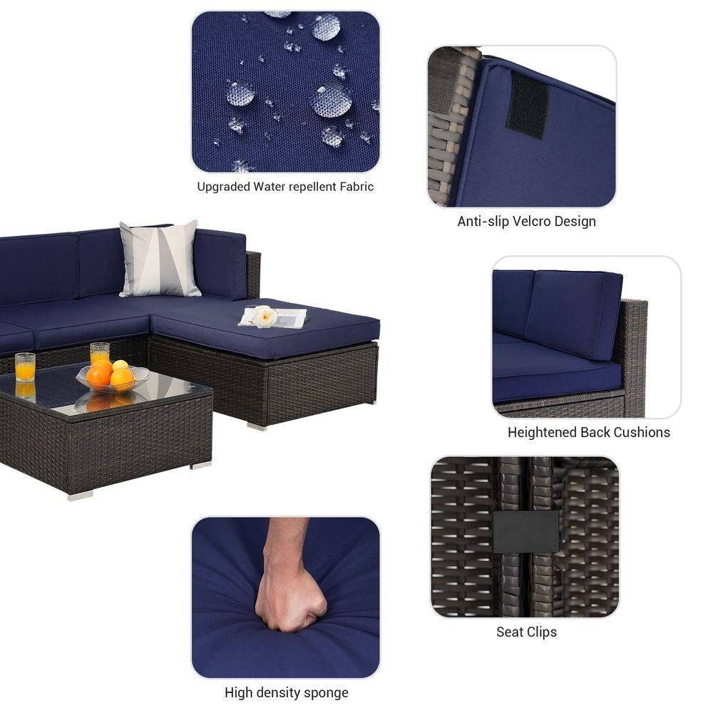 SONKUKI 5-Piece Outdoor Sectional Furniture Patio Conversation PE Rattan Wicker Sofa Set - Sonkuki