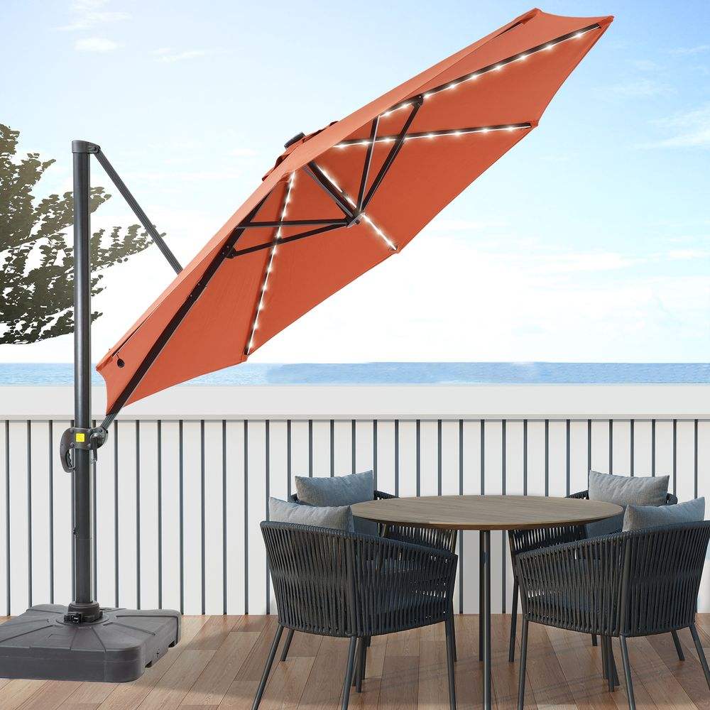 SONKUKI 11ft Cantilever LED Market Umbrella With a Base Solar Energy Hanging Patio With Aluminum Frame - Sonkuki