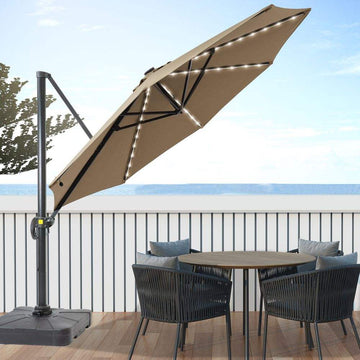 SONKUKI 11ft Cantilever LED Market Umbrella With a Base Solar Energy Hanging Patio With Aluminum Frame - Sonkuki
