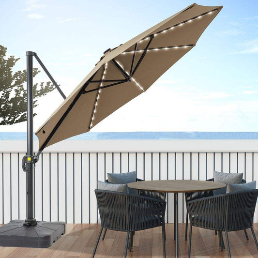 SONKUKI 11ft Cantilever LED Market Umbrella With a Base Solar Energy Hanging Patio With Aluminum Frame - Sonkuki