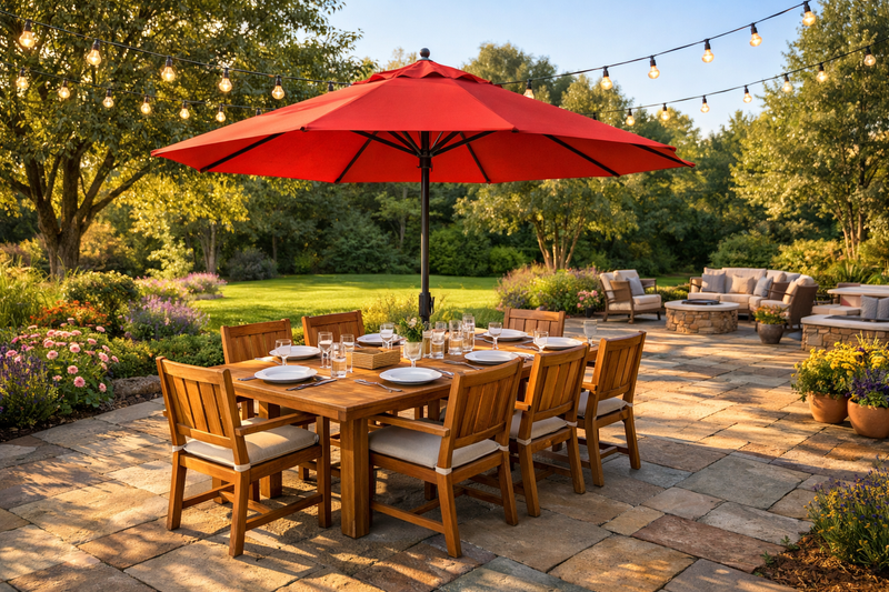 Large outdoor dining table with red patio umbrella and string lights in backyard