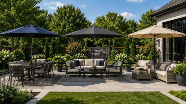 Patio umbrella color options in navy, charcoal, and beige for outdoor spaces