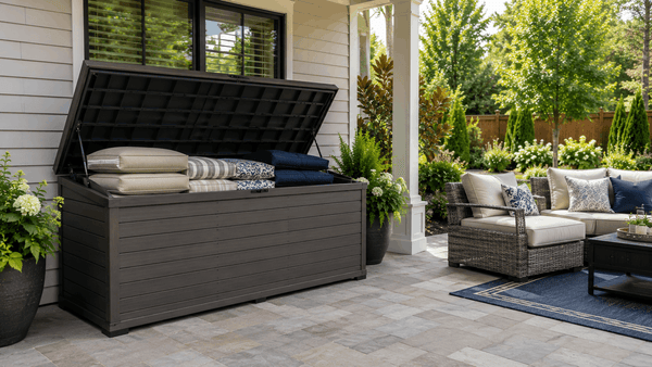 Outdoor cushion storage box keeping patio cushions clean and dry
