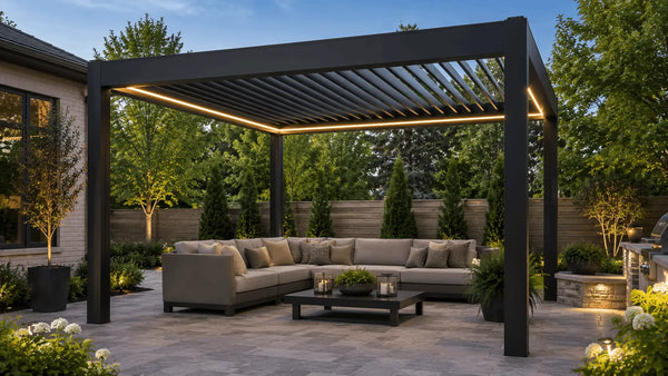 Pergola with LED lights over outdoor lounge seating