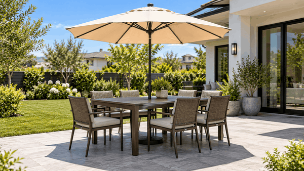 Cantilever umbrella placement beside patio lounge seating for optimal shade