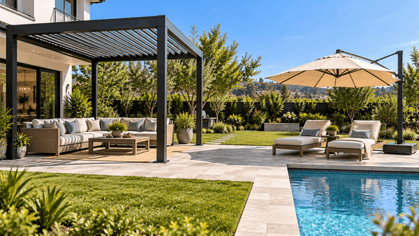 Pergola vs patio umbrella providing shade across different outdoor 
