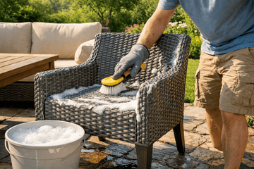 Person scrubbing wicker patio chair with brush and soapy water for outdoor furniture cleaning