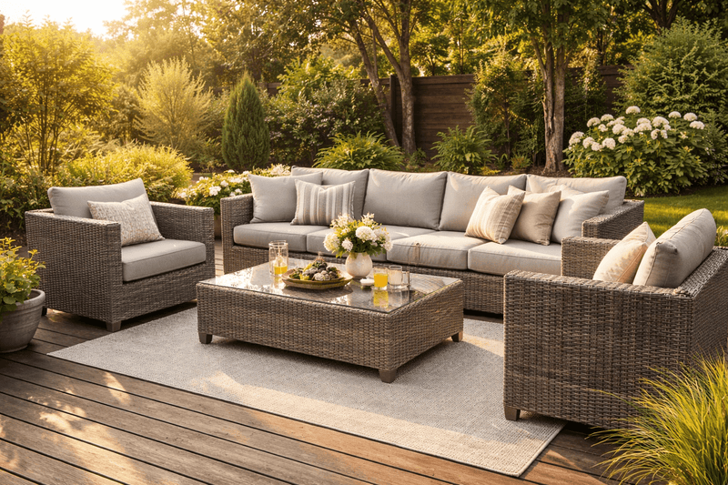 Wicker outdoor patio sofa set with coffee table on a wooden deck in a backyard