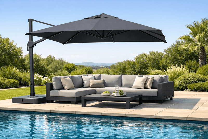Outdoor sectional sofa with cantilever umbrella beside a swimming pool
