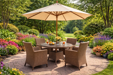 Round outdoor patio dining table with umbrella surrounded by colorful garden flowers