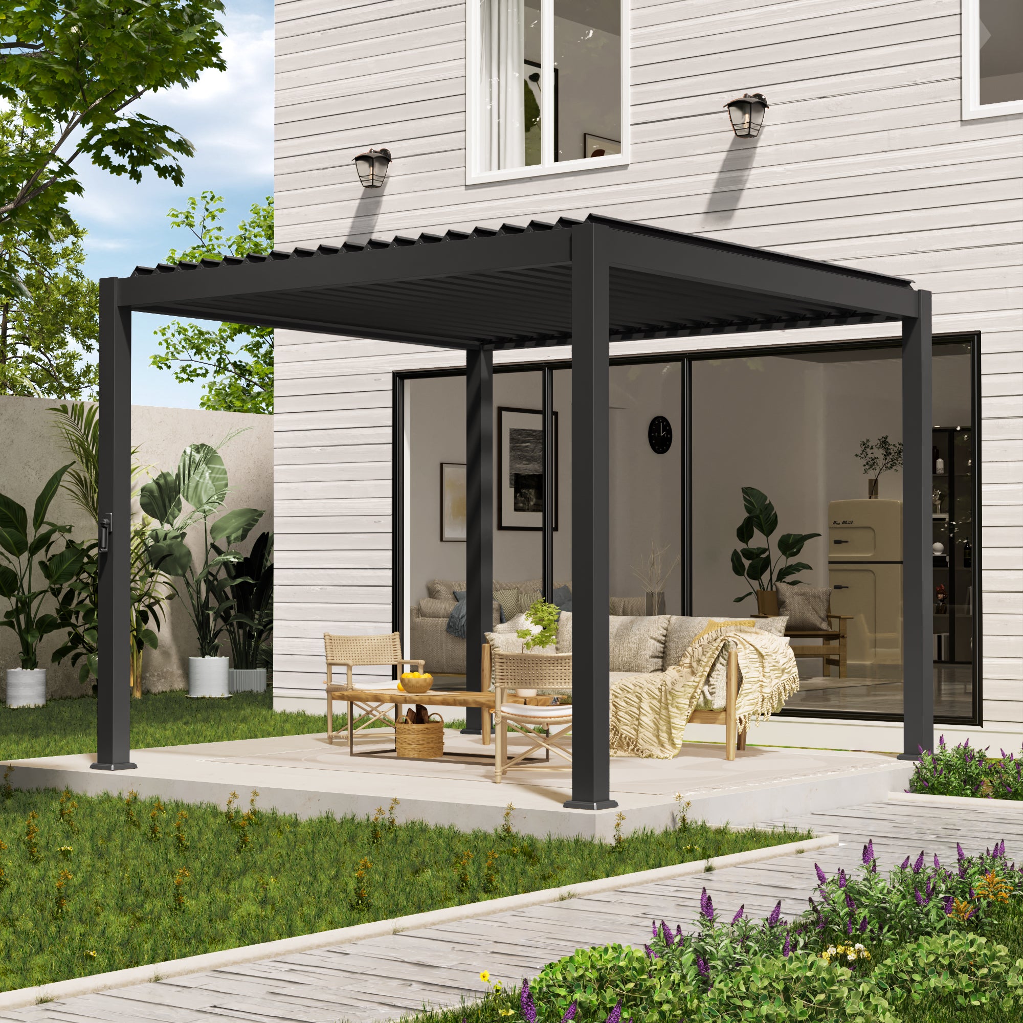 SONKUKI Modern Aluminum Frame Pergola for Outdoor Garden with Adjustable Louvered Roof, Effortless Maintenance, and Patented Design