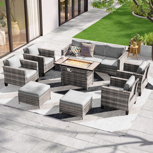 SONSUKI 8 Pieces Patio Sofa with 45'' Fire Table Set,  PE Wicker, Wide Armrests High Back Sofa Chair Design for Lawn, Patio and Porch