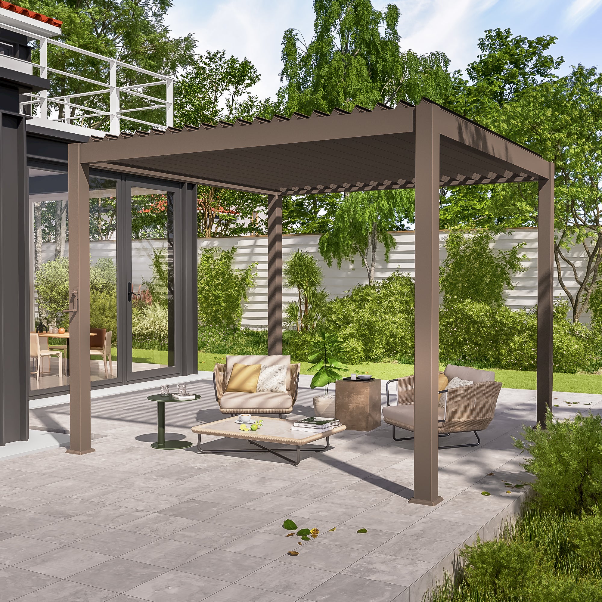 Modern Aluminum Pergola for Outdoor Garden with Adjustable Double-layer Louvered Roof, Effortless Maintenance, and Patented Design,Brown